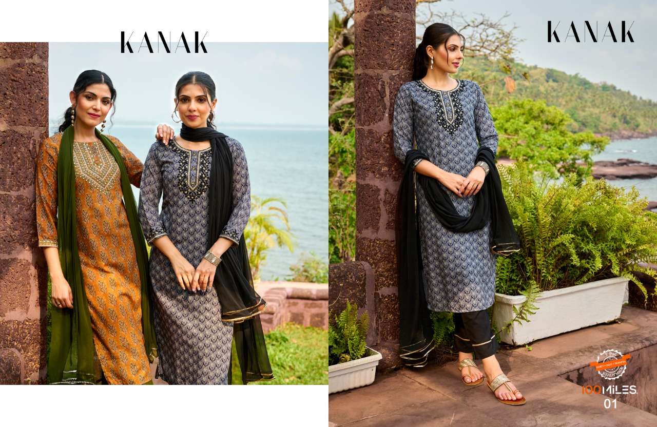 KANAK BY 100MILES BRAND PRESENTS BLENDED MAL COTTON WITH EMBROIDERY WORK PRINTED KURTI WITH COMPLETE COTTON INNER WITH PANT AND DUPATTA-01 & 03